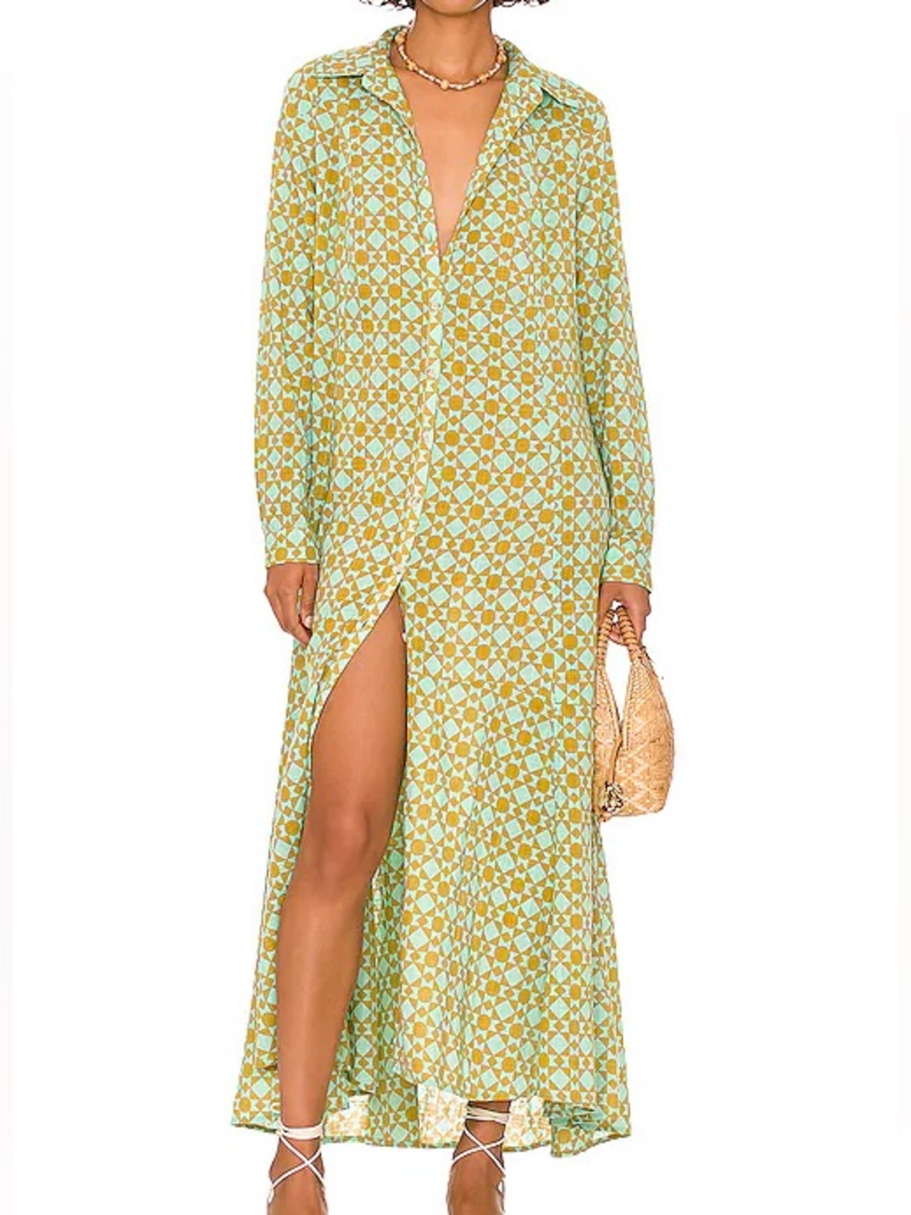Free People Little Daisy Button-Front Geometric Print Maxi Dress Mint & Mustard